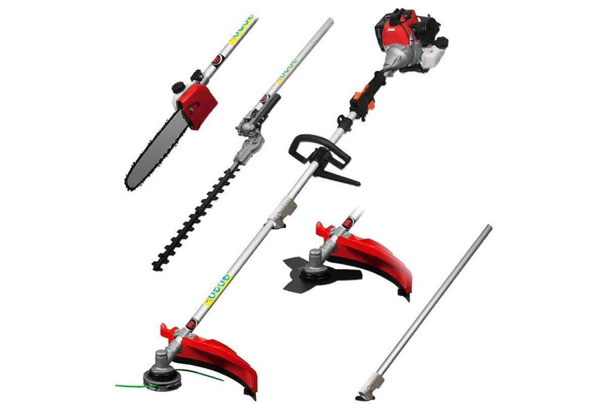 Close-up of brush weed cutter cutting thick undergrowth