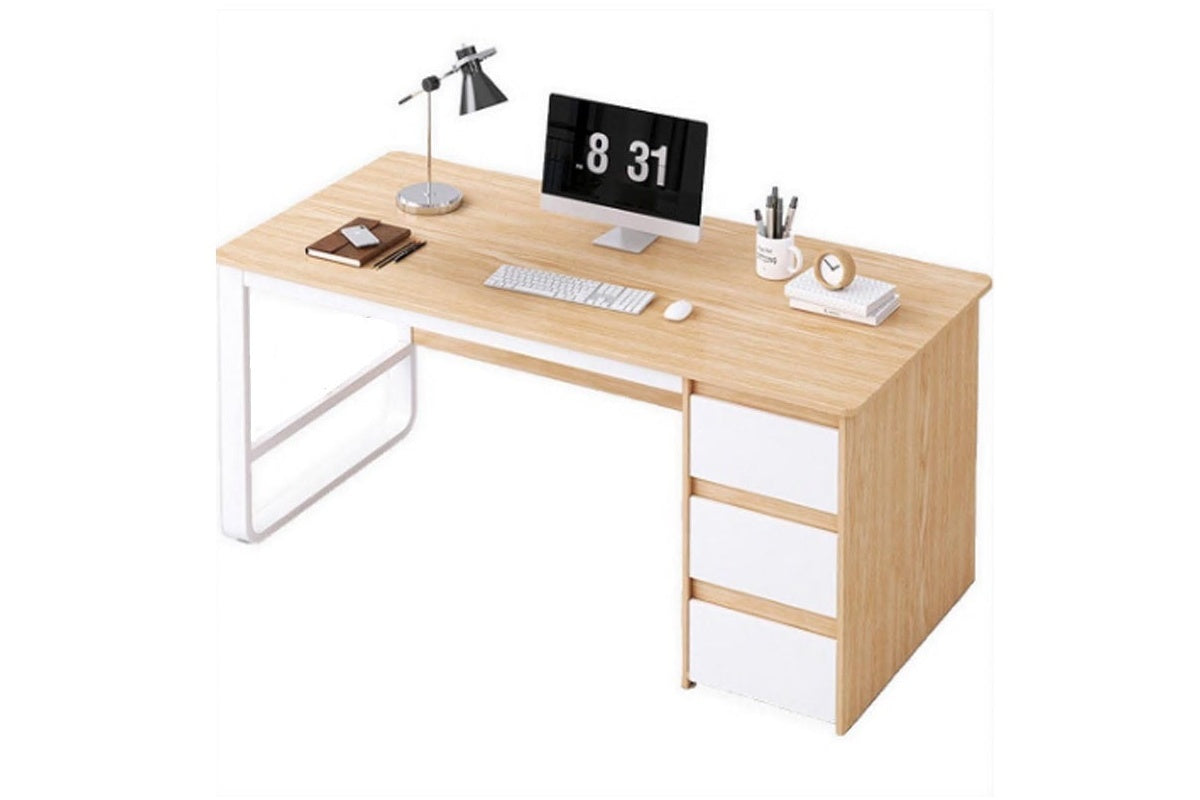 Side angle of computer desk table with white steel legs