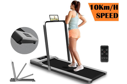 Side view of foldable walking pad treadmill with cushioned belt