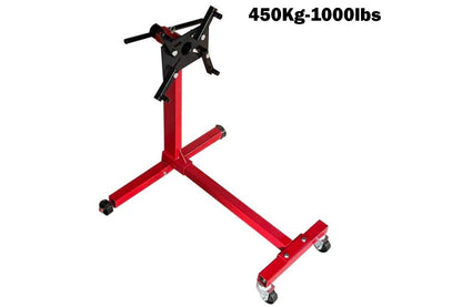 Side view of rotating engine stand showing heavy duty steel frame