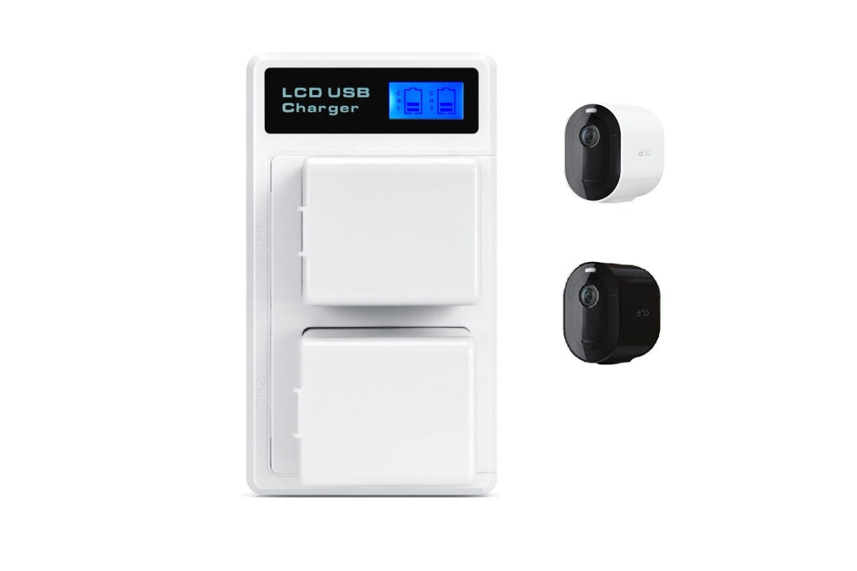 Side angle of Arlo Pro 3 Pro 4 battery charger in black ABS material