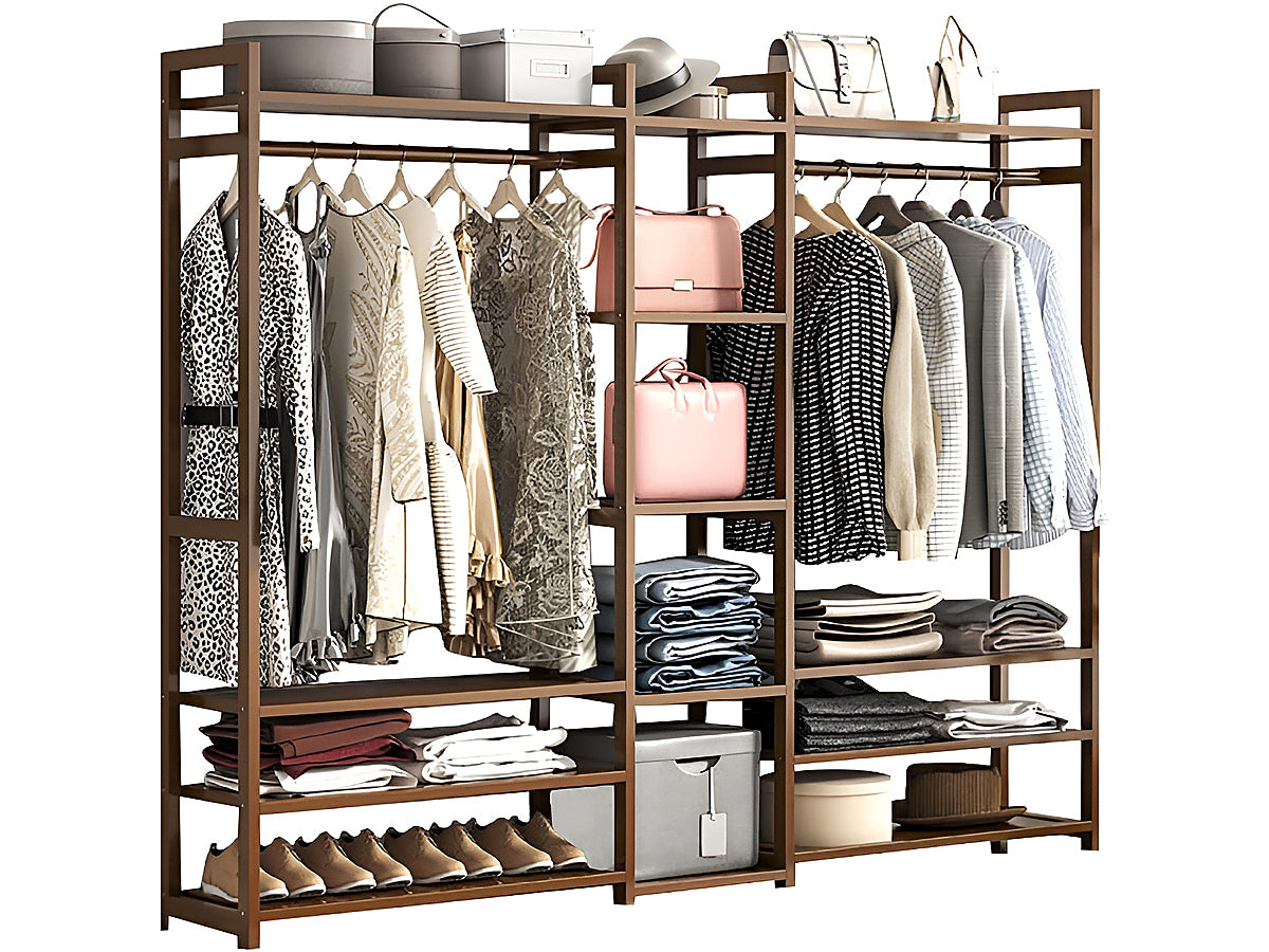 Heavy duty bamboo clothes rack supporting multiple garments