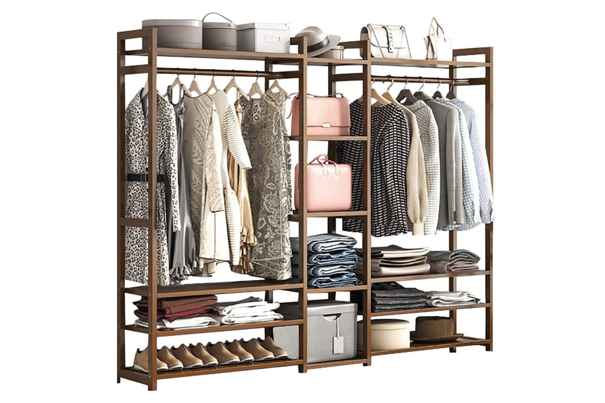 Side angle of bamboo clothes rack with storage shelves