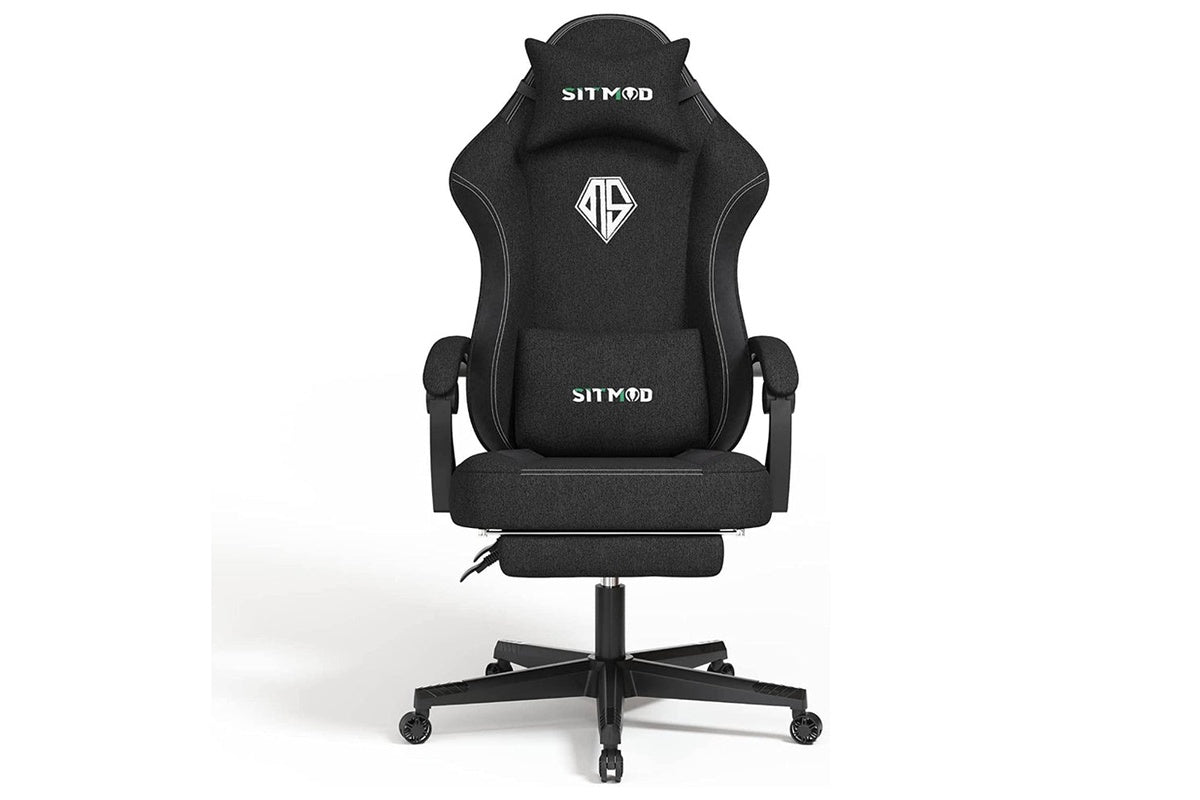 Close up of gaming chair black fabric and carbon fibre material