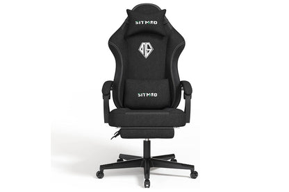 Close up of gaming chair black fabric and carbon fibre material
