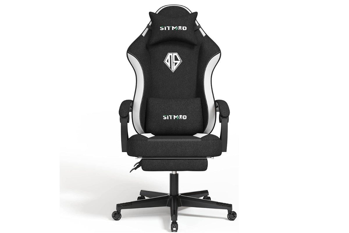 Close-up of black and white PU leather surface on gaming chair office chair