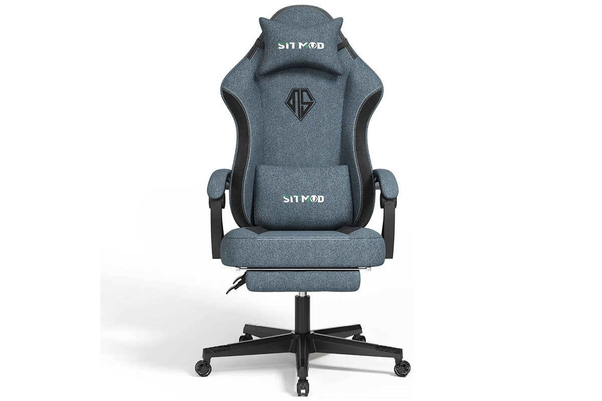 Side view of gaming chair office chair blue with footrest extended