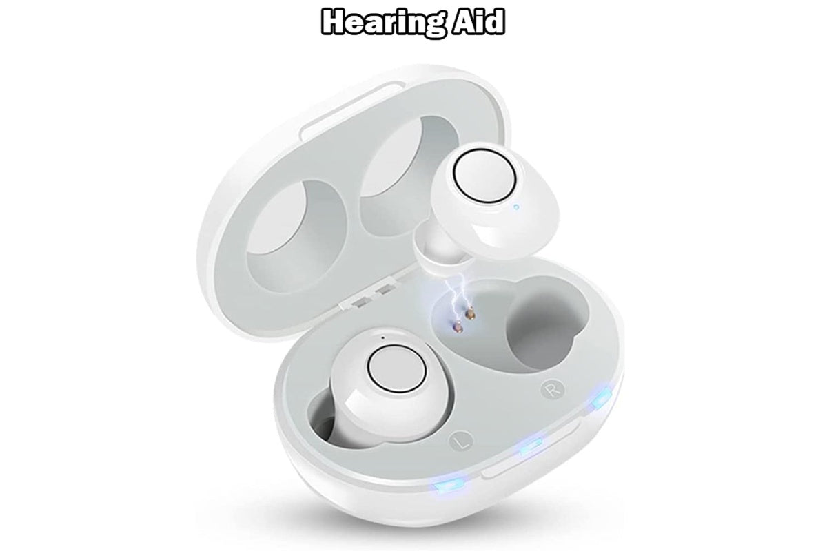 Wireless hearing aids with charging case on white background