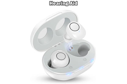 Wireless hearing aids with charging case on white background