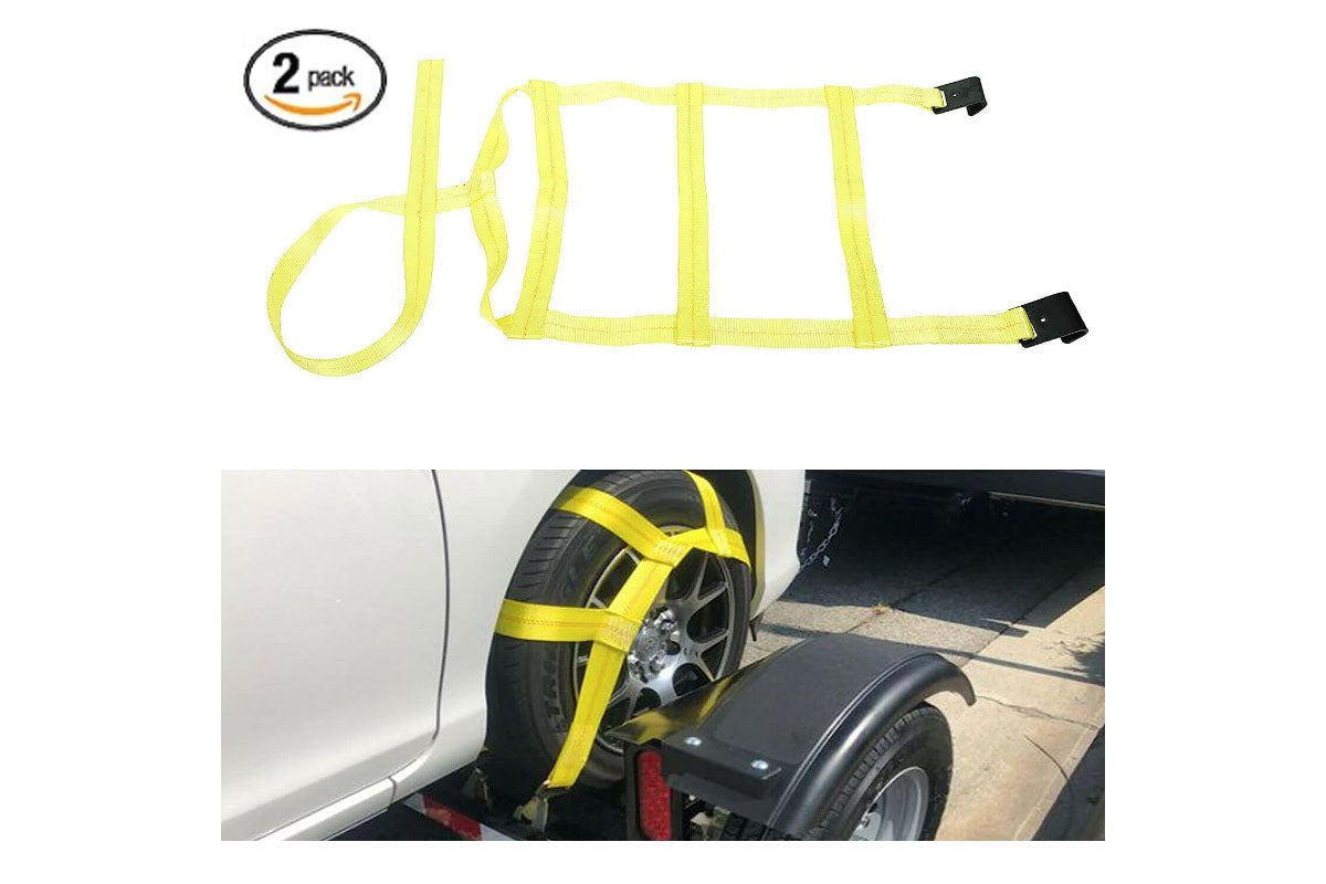 Side view of car tire straps tie downs with flat hooks attached