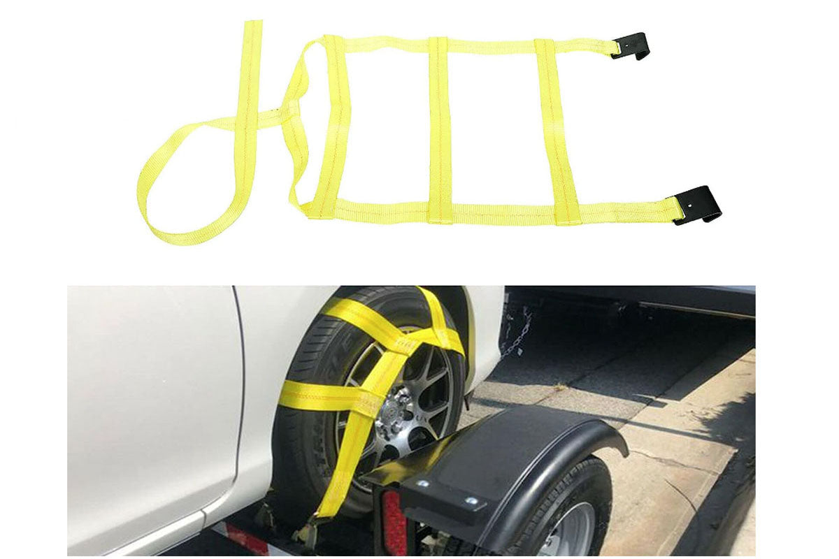 Car tire straps tie downs in use on a tow dolly with vehicle wheels