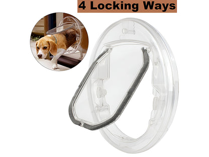 Cat door installed on a wooden door panel