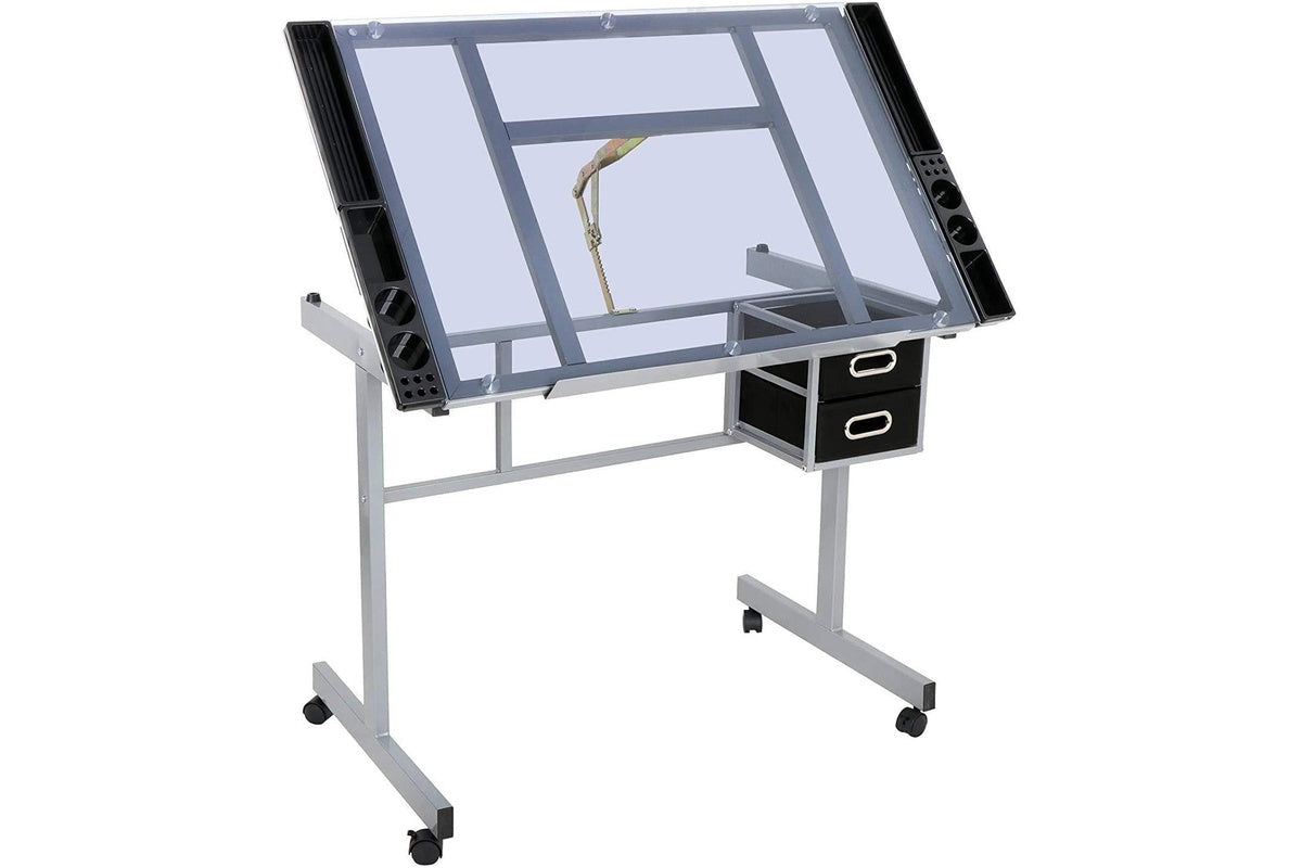 Side view of drafting table showing steel frame and storage drawers