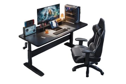 Side view of height adjustable desk table showing manual handle