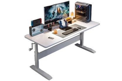 Manual control handle on height adjustable desk table