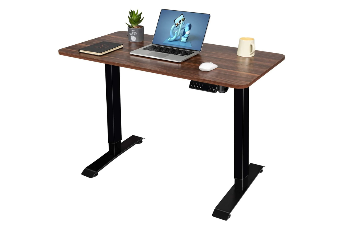 Black frame height adjustable desk table with walnut surface