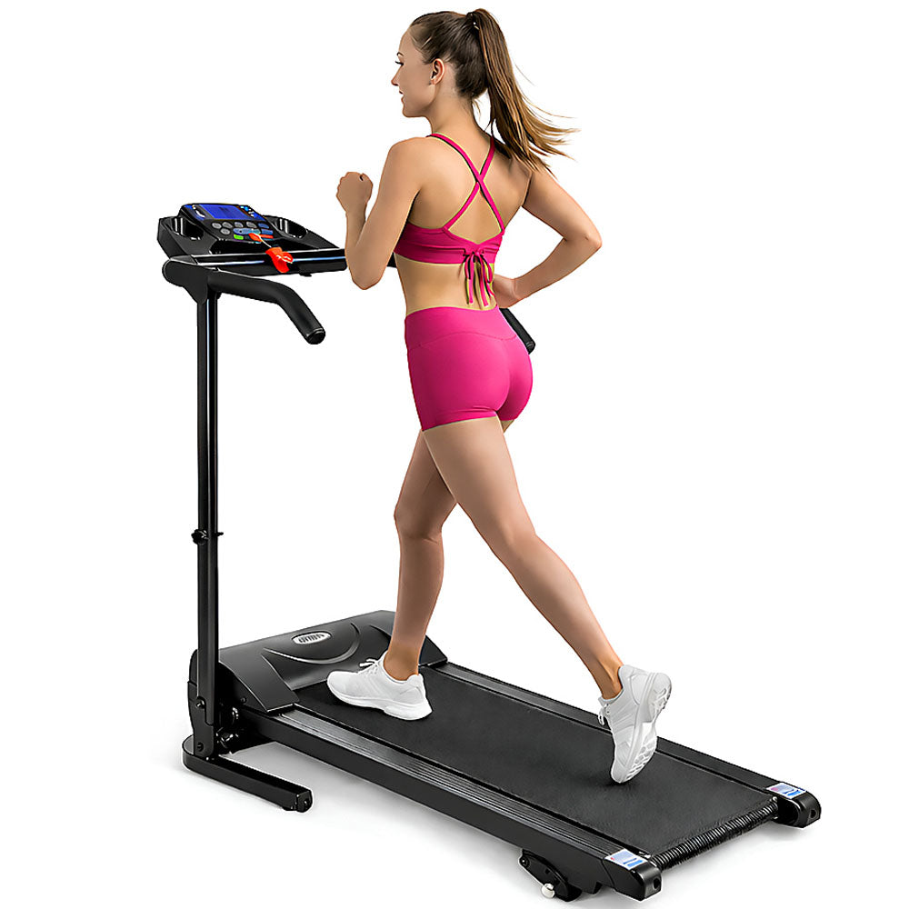 Electric treadmill foldable showing full side view in steel frame