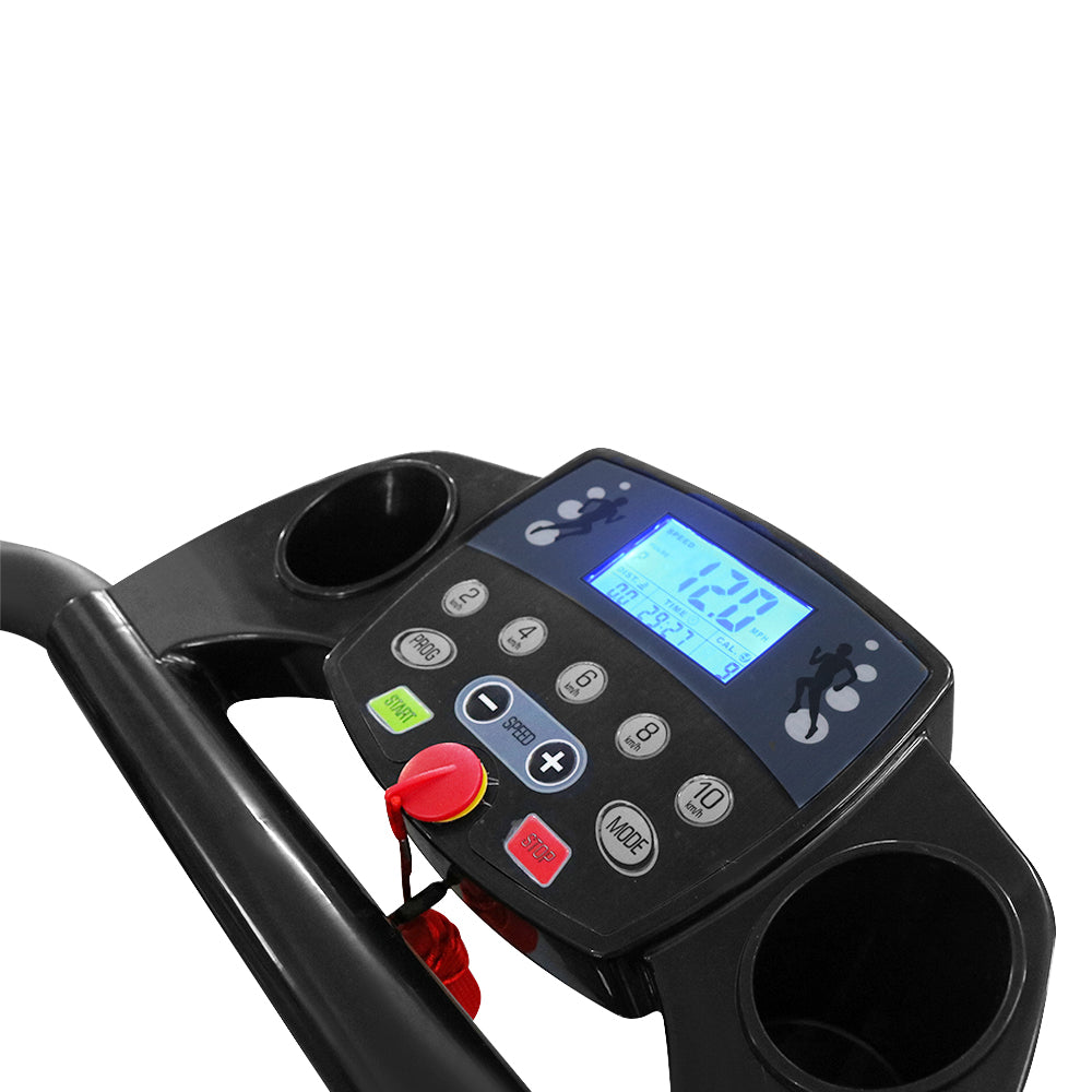 LCD display showing time speed distance and calories on treadmill