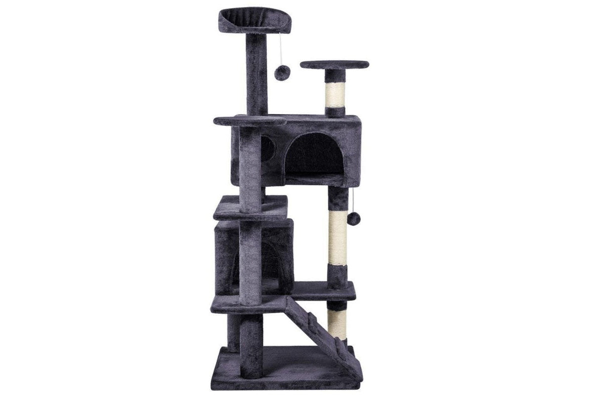 Side view of cat tree with multilevel climbing platforms