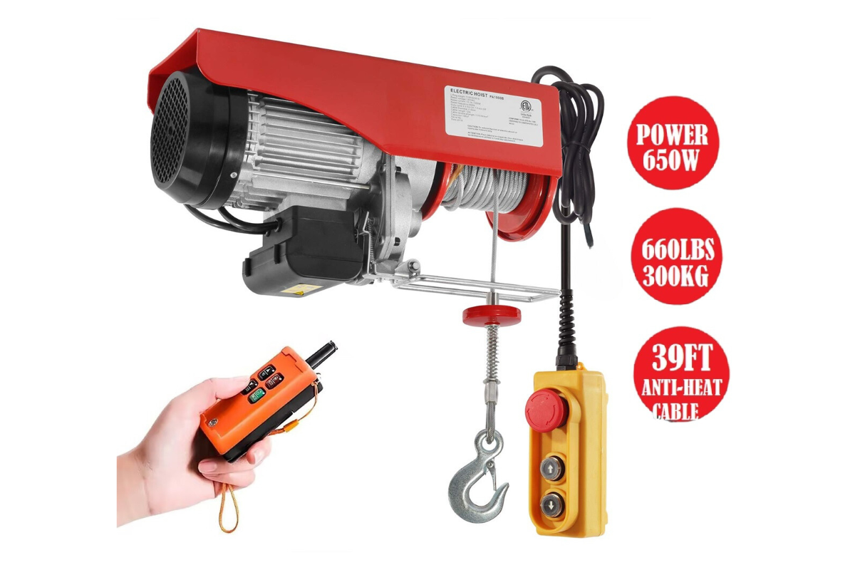 Side angle of wireless hoist winch with aluminium body and remote control