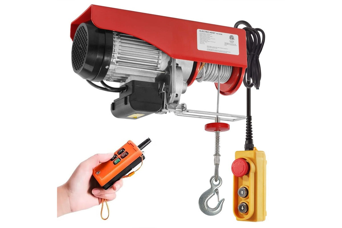 Side angle of wireless hoist winch 500kg highlighting steel alloy hook