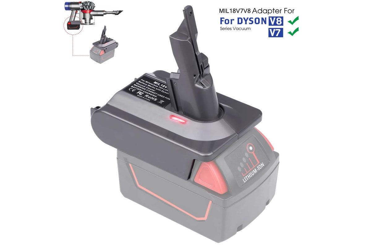 Side view of Dyson V8 battery adapter compatible with Milwaukee 18V