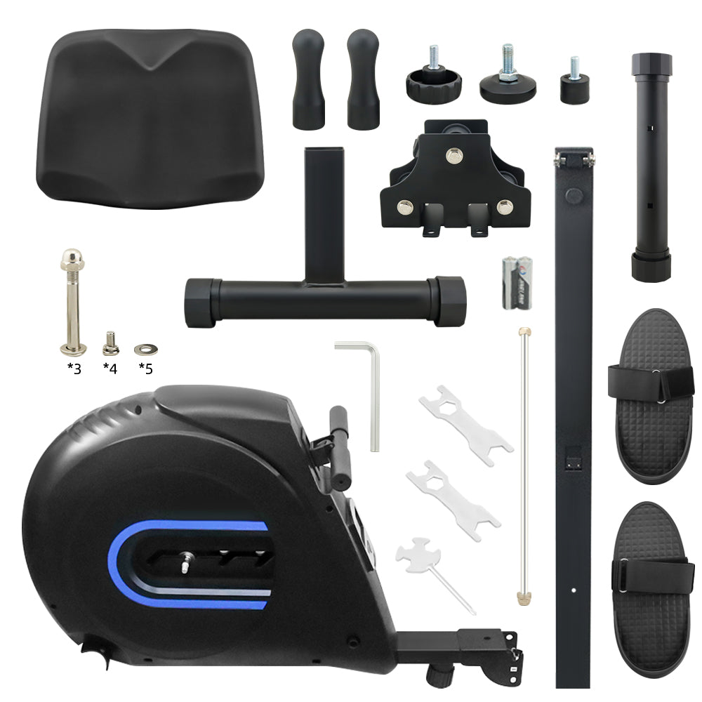 Rowing machine base with large non-slip feet for stability