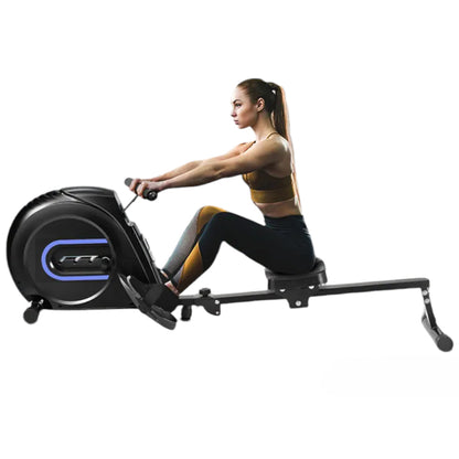 Folded rowing machine compact for easy storage in small spaces