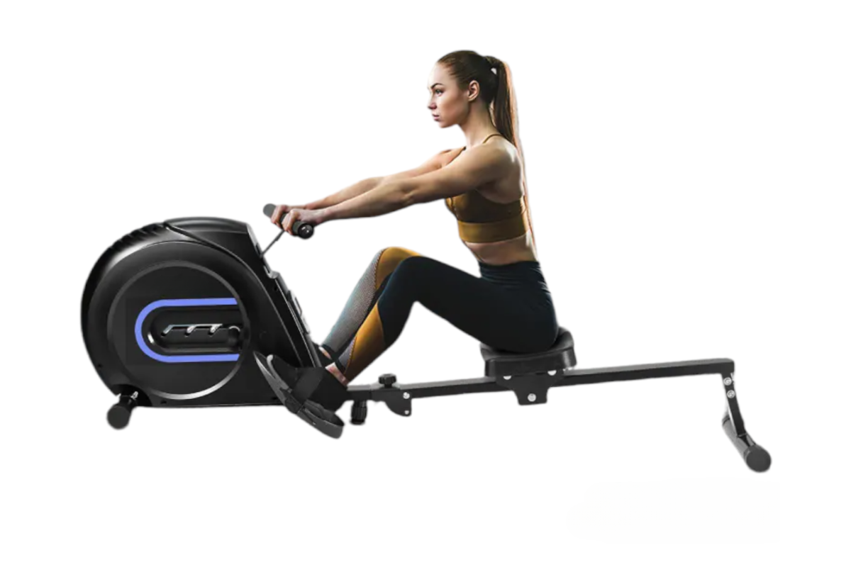 Close up of rowing machine digital monitor with time and calorie display
