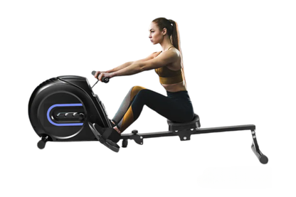 Close up of rowing machine digital monitor with time and calorie display