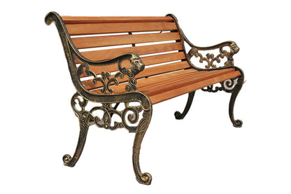 Side view of garden bench with smooth wooden slats and metal frame