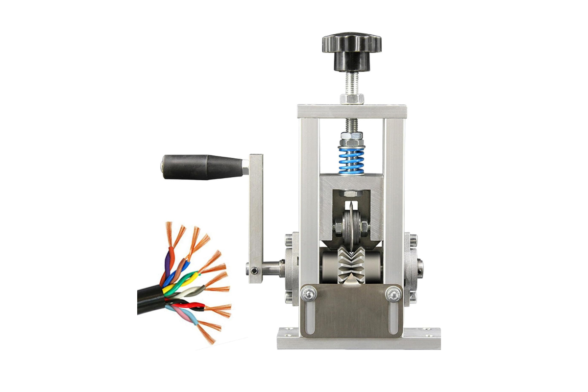 Close up of wire stripper machine high speed steel round knife