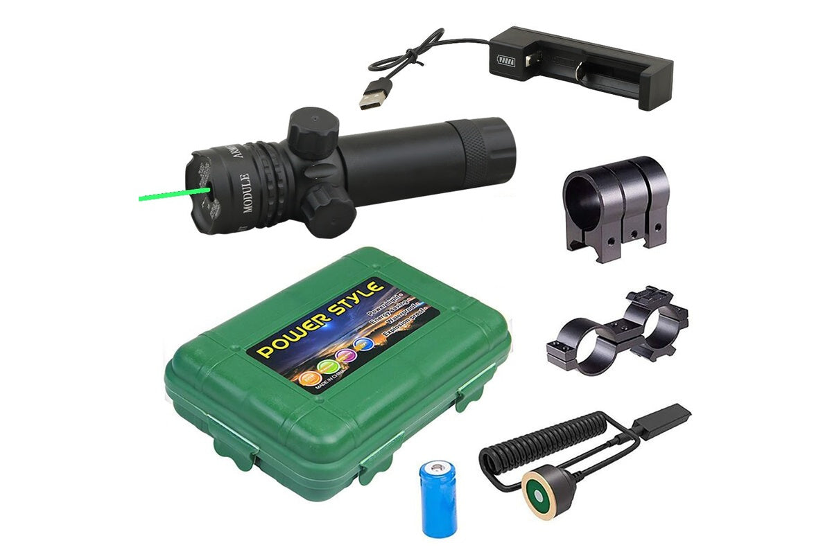 Side view of Green Laser Sight with rail mount attached