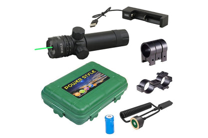 Side view of Green Laser Sight with rail mount attached