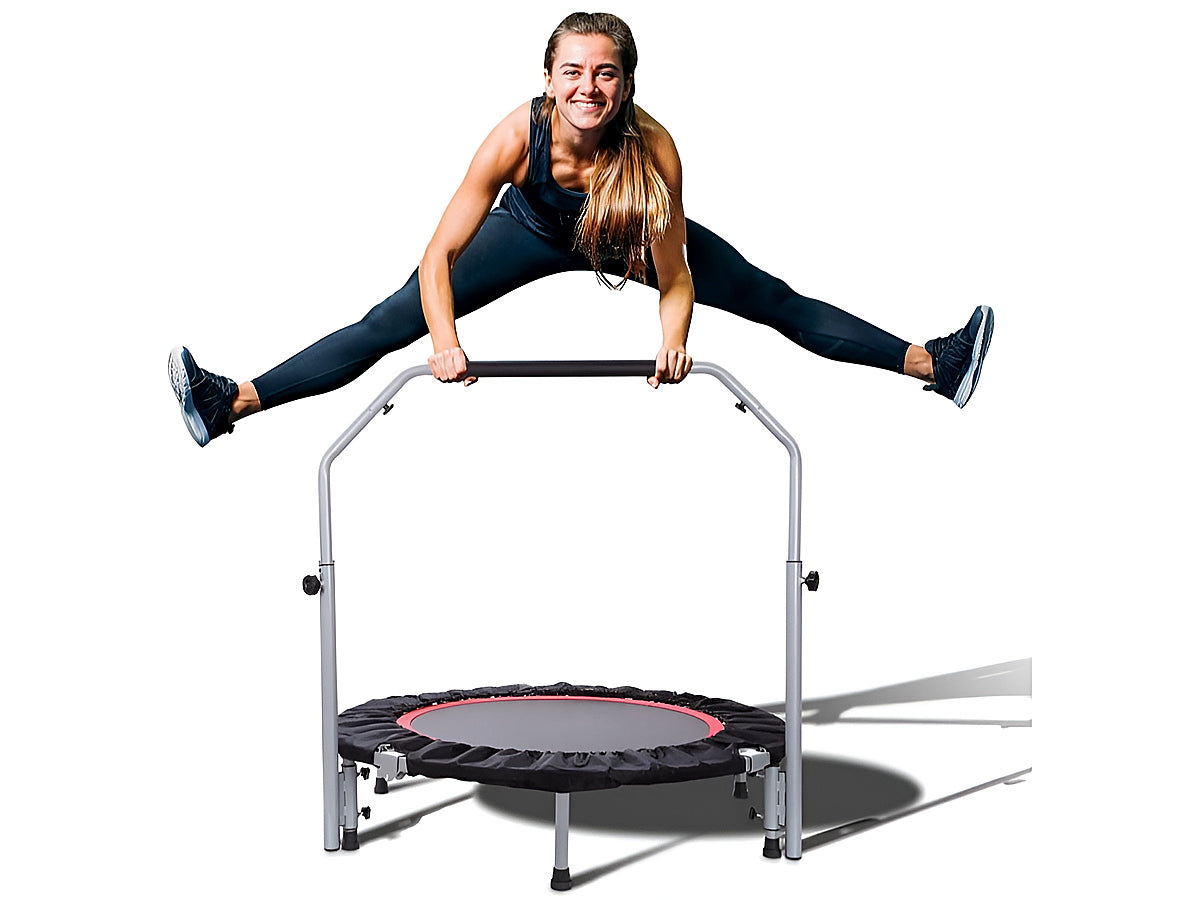 Mini trampoline rebounder with adjustable handle at highest level