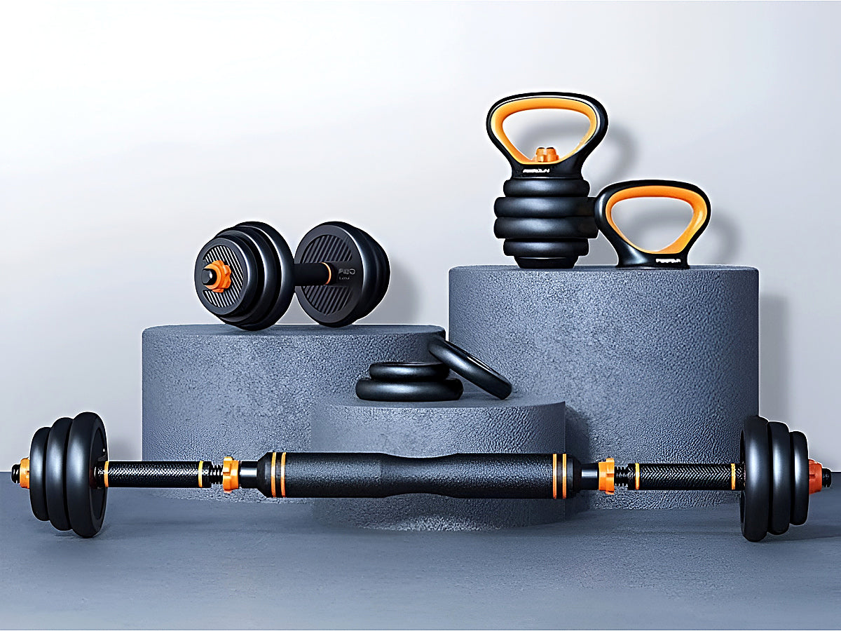 Adjustable dumbbells barbell set 40Kg displayed with kettlebell handles attached