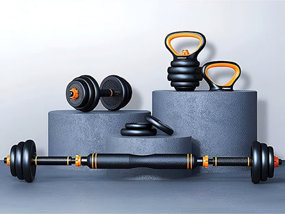 Adjustable dumbbells barbell set 40Kg displayed with kettlebell handles attached