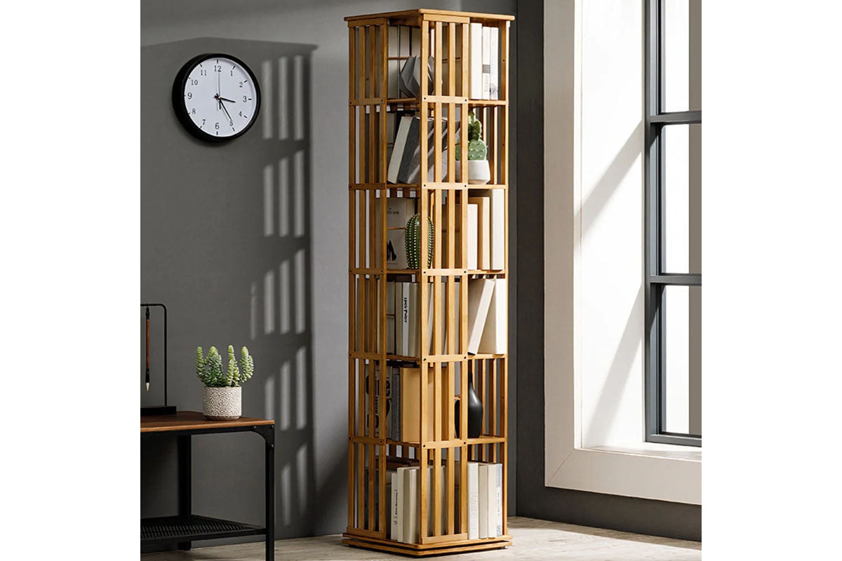 Close up of rotating mechanism on bookshelf stack book case