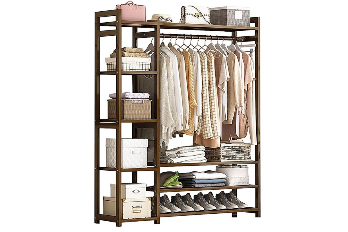 Side view of bamboo wardrobe with 7-tier storage shelves