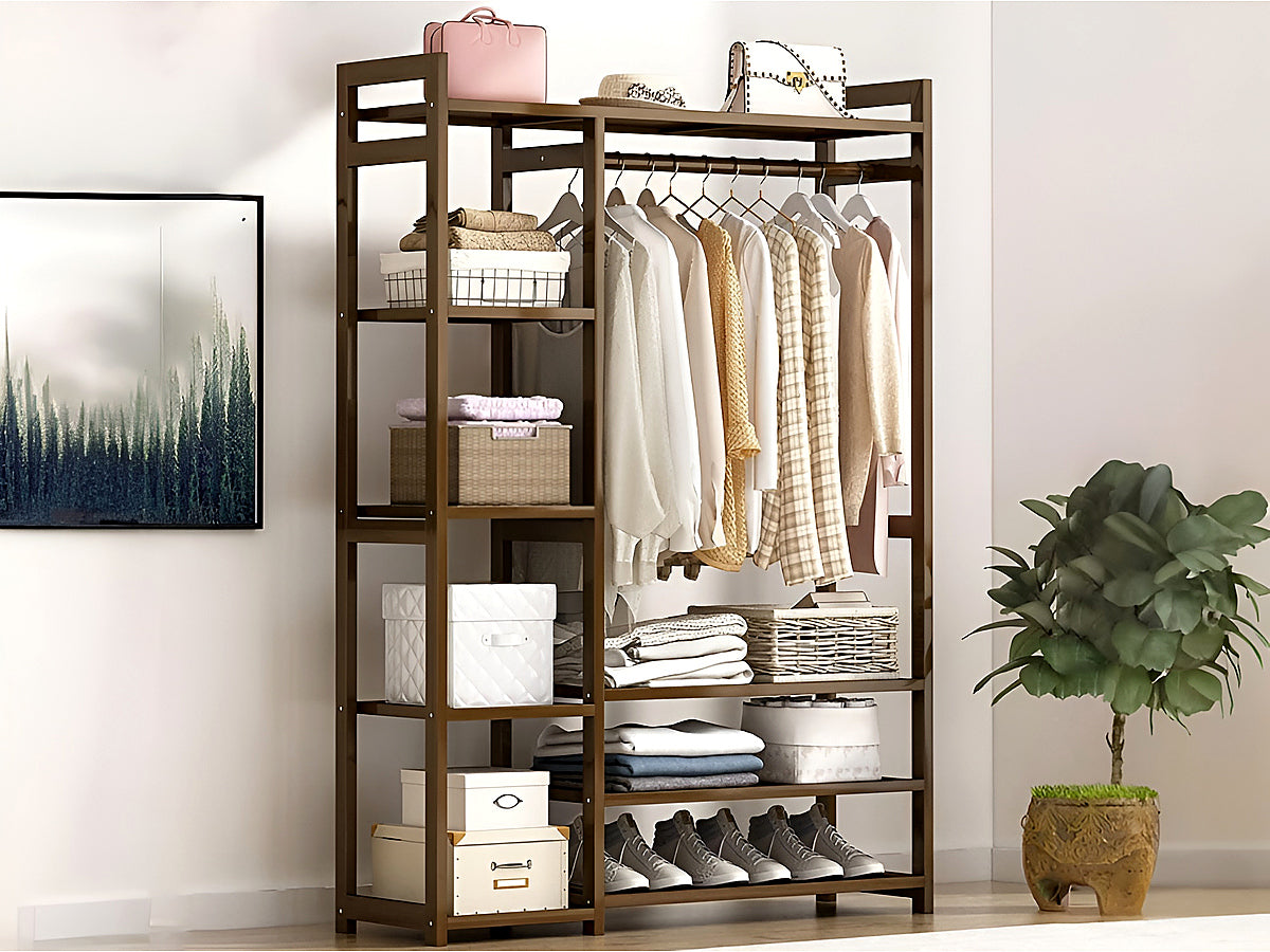 Close-up of sturdy bamboo hanging rod on wardrobe