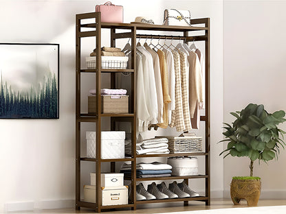 Close-up of sturdy bamboo hanging rod on wardrobe