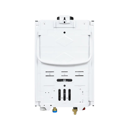 Gas water warmer 8L showing battery compartment and spanner included