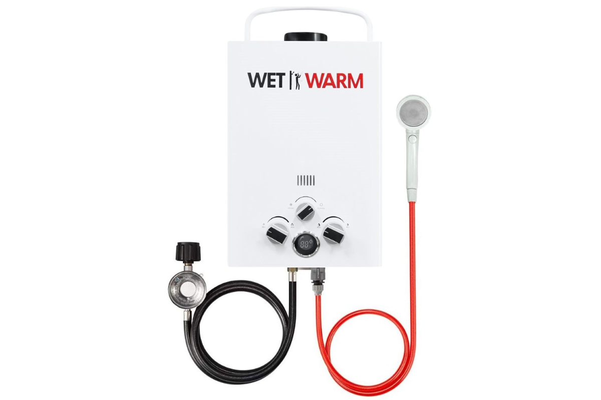Side view of gas water warmer 8L with shower hose attached