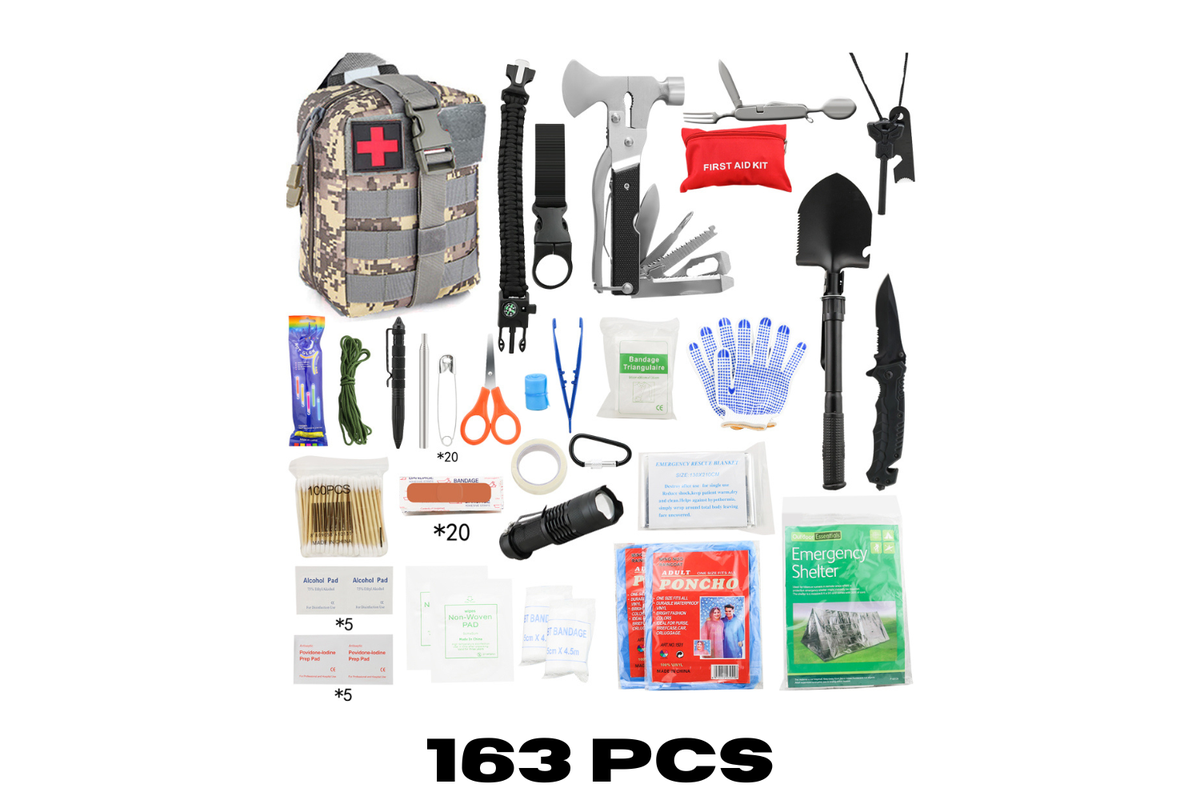 163-in-1 emergency survival kit contents laid out