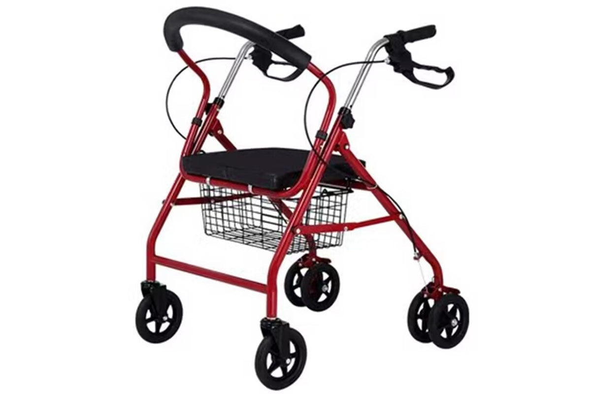 Close up of red mobility walker seat with memory foam cushion