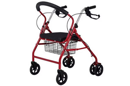 Close up of red mobility walker seat with memory foam cushion