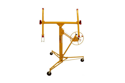 Close up of drywall lifter winch and brake mechanism