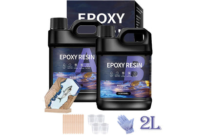 Close up of epoxy resin 1:1 kit hardener bottle and resin bottle