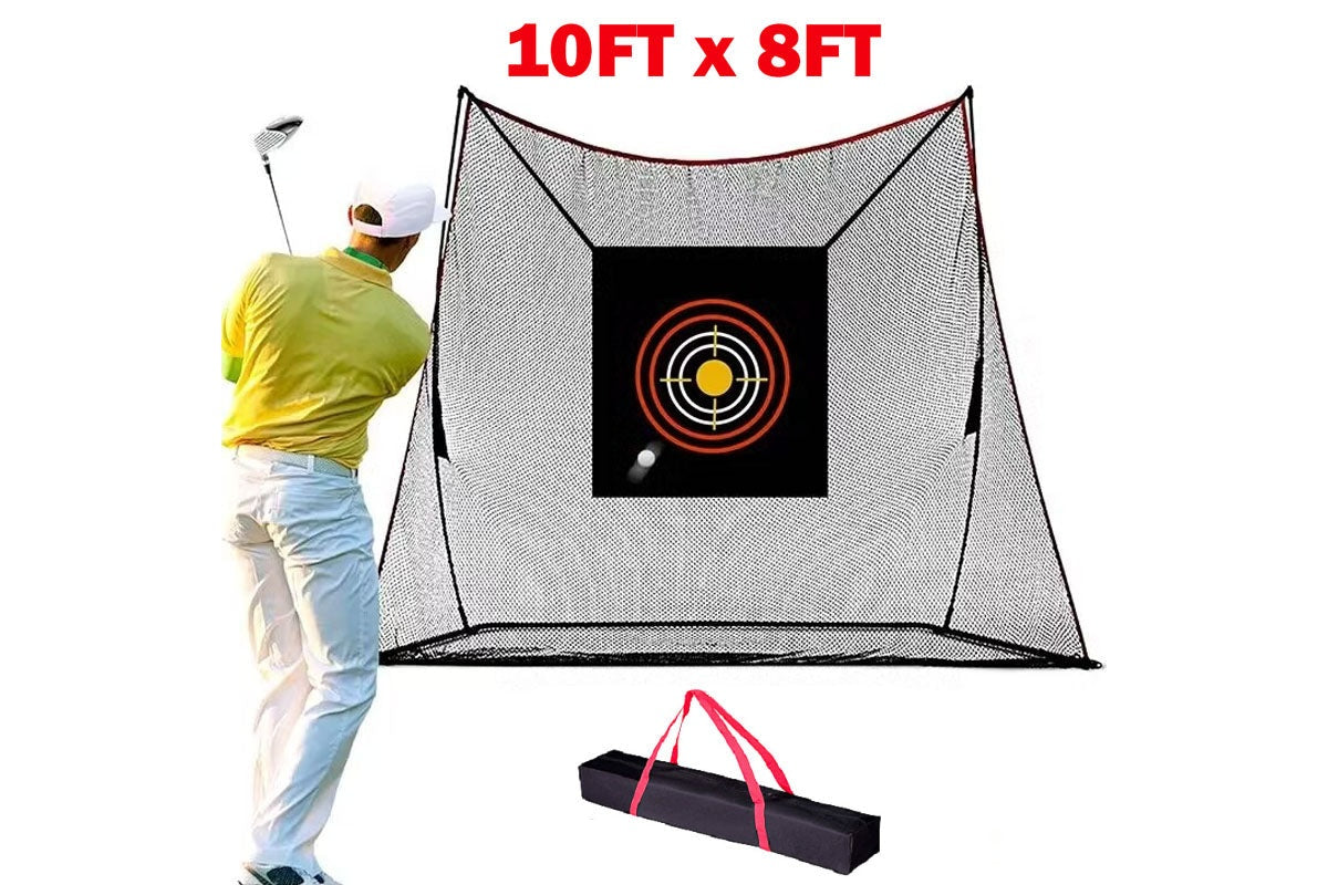 Close up of black and red polyester mesh on golf practice net