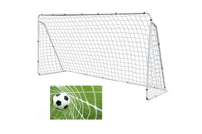 Side angle of soccer football goal with steel frame